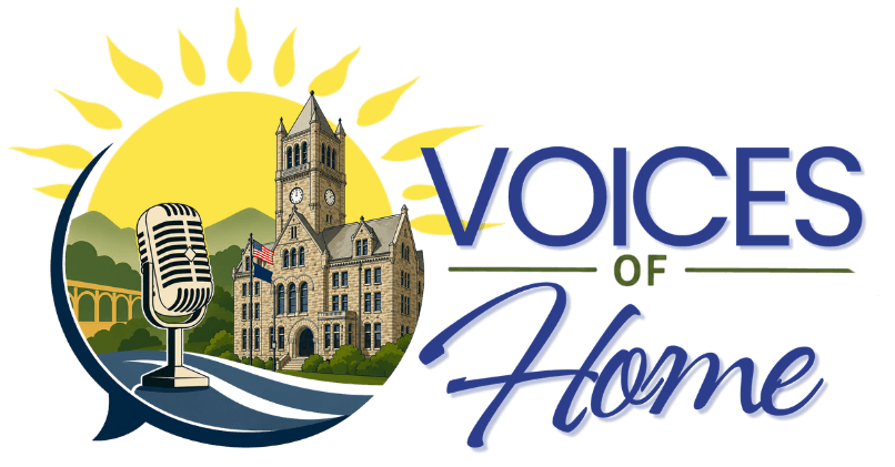 Logo with microphone, fayette courthouse, county sun,and the words Voices of Home